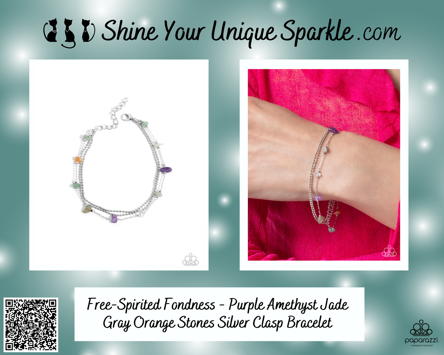 Free-Spirited Fondness - Purple Amethyst Jade Gray Orange Stones Silver Clasp Bracelet