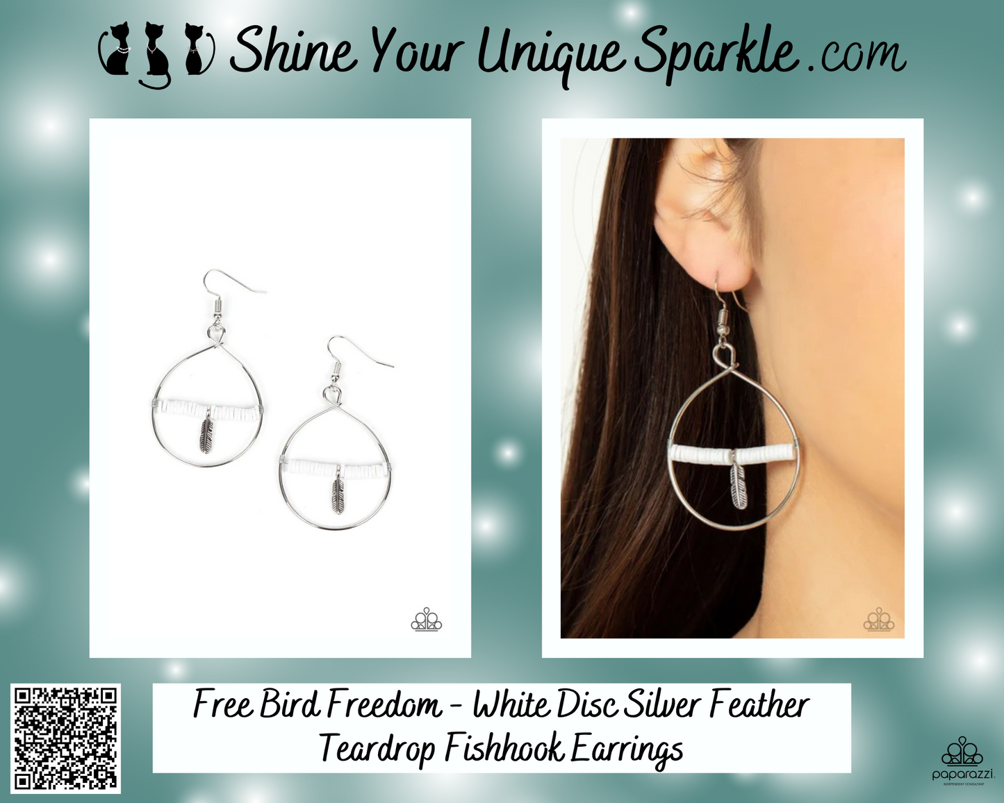 Free Bird Freedom - White Disc Silver Feather Teardrop Fishhook Earrings