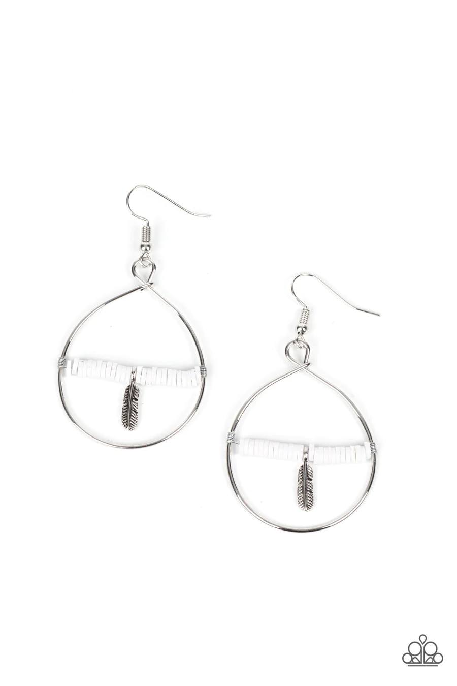 Free Bird Freedom - White Disc Silver Feather Teardrop Fishhook Earrings