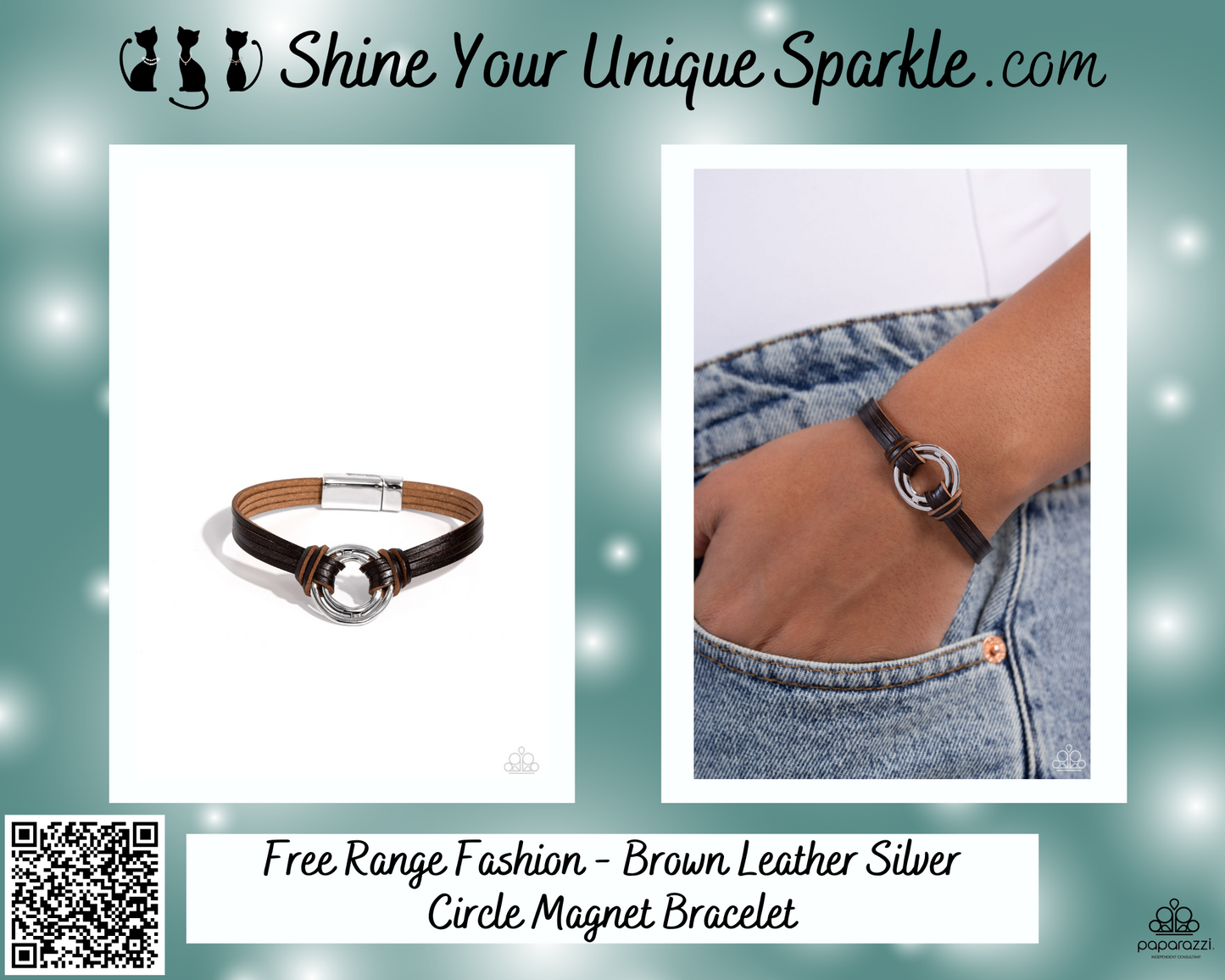 Free Range Fashion - Brown Leather Silver Circle Magnet Bracelet