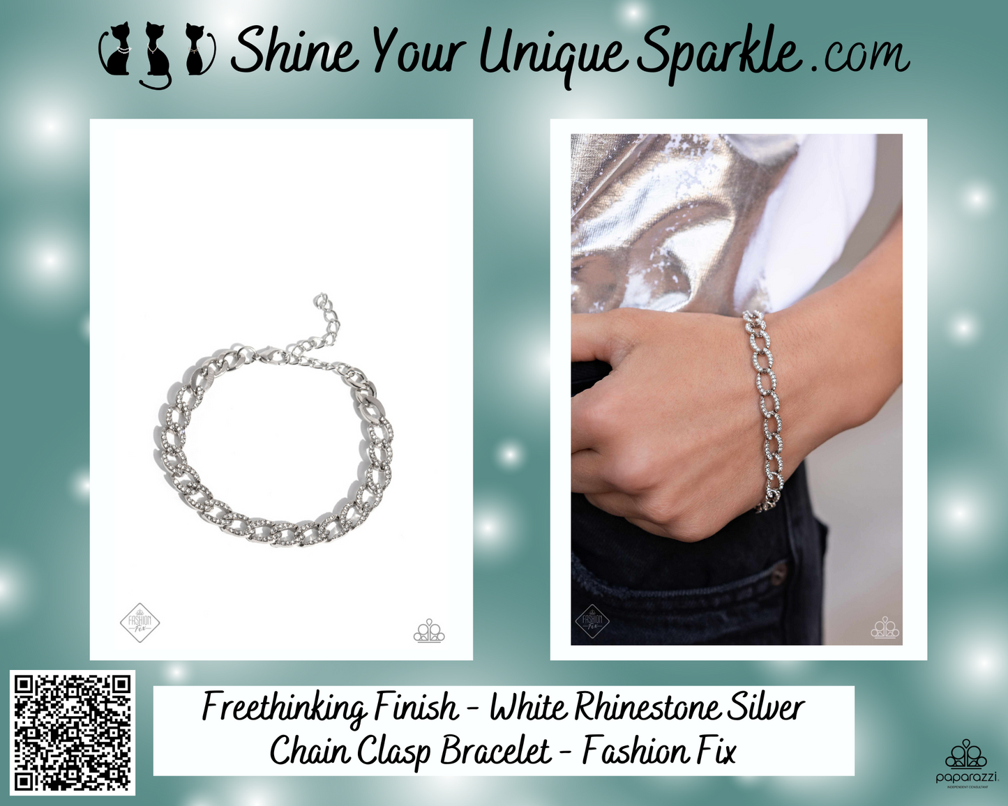 Freethinking Finish - White Rhinestone Silver Chain Clasp Bracelet - Fashion Fix