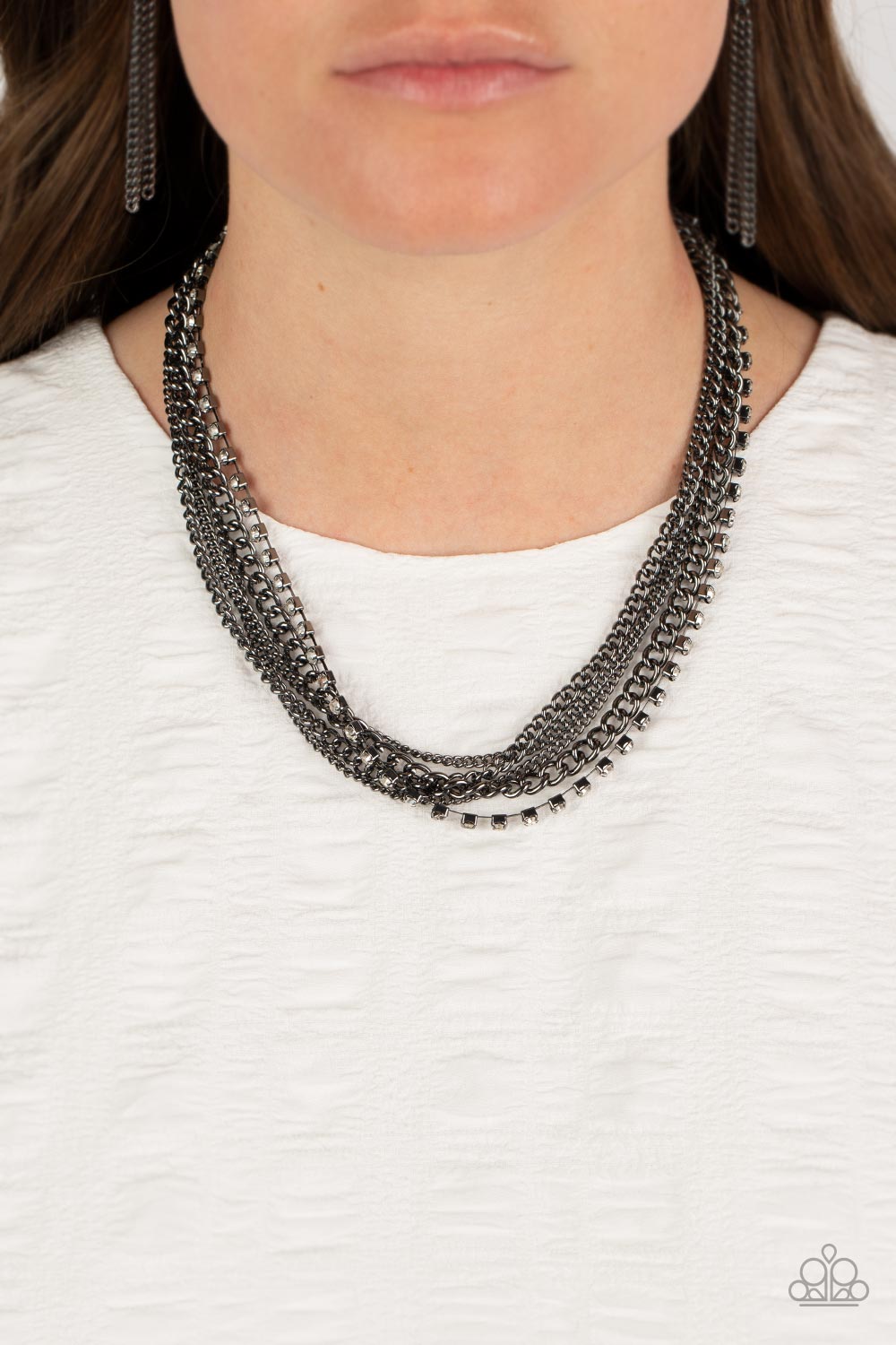 Free to CHAINge My Mind - Black Gunmetal White Rhinestone Layered Short Necklace