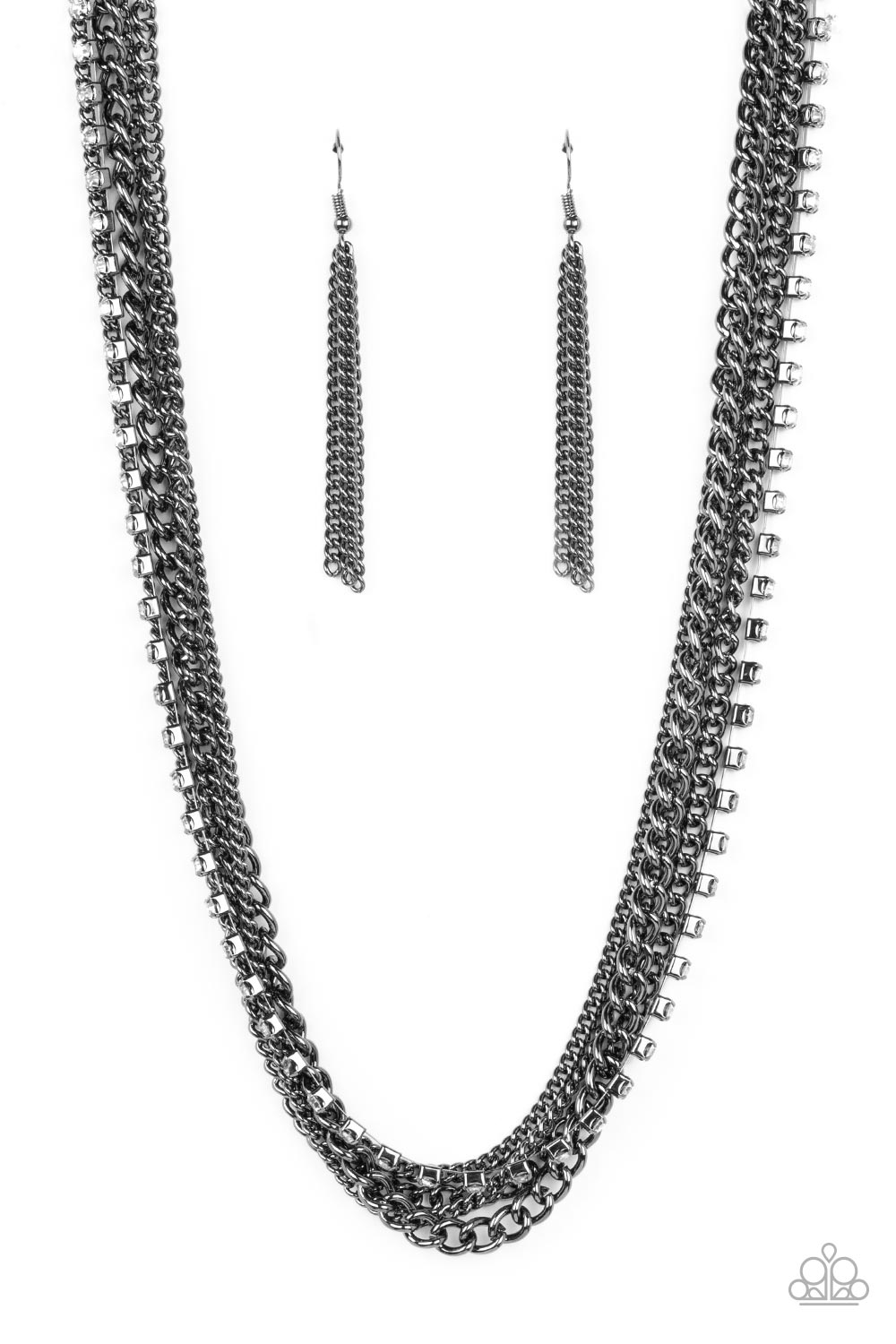 Free to CHAINge My Mind - Black Gunmetal White Rhinestone Layered Short Necklace