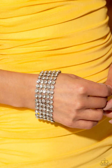 GLASSY Gallery - White Rhinestone Layered Silver Clasp Bracelet - Life of the Party