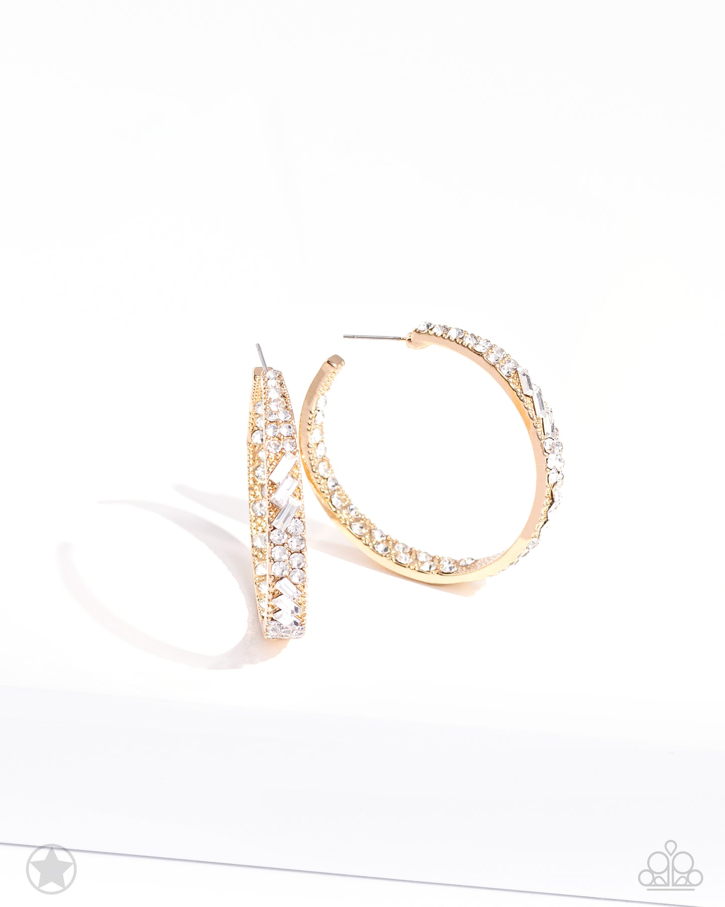 GLITZY By Association - Gold with White Rhinestone Hoop, Post Earrings - Blockbuster