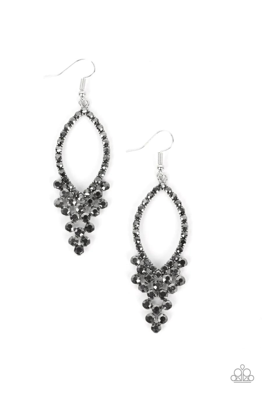 GLOWING off the Deep End - Silver Hematite Rhinestone Fishhook Earrings