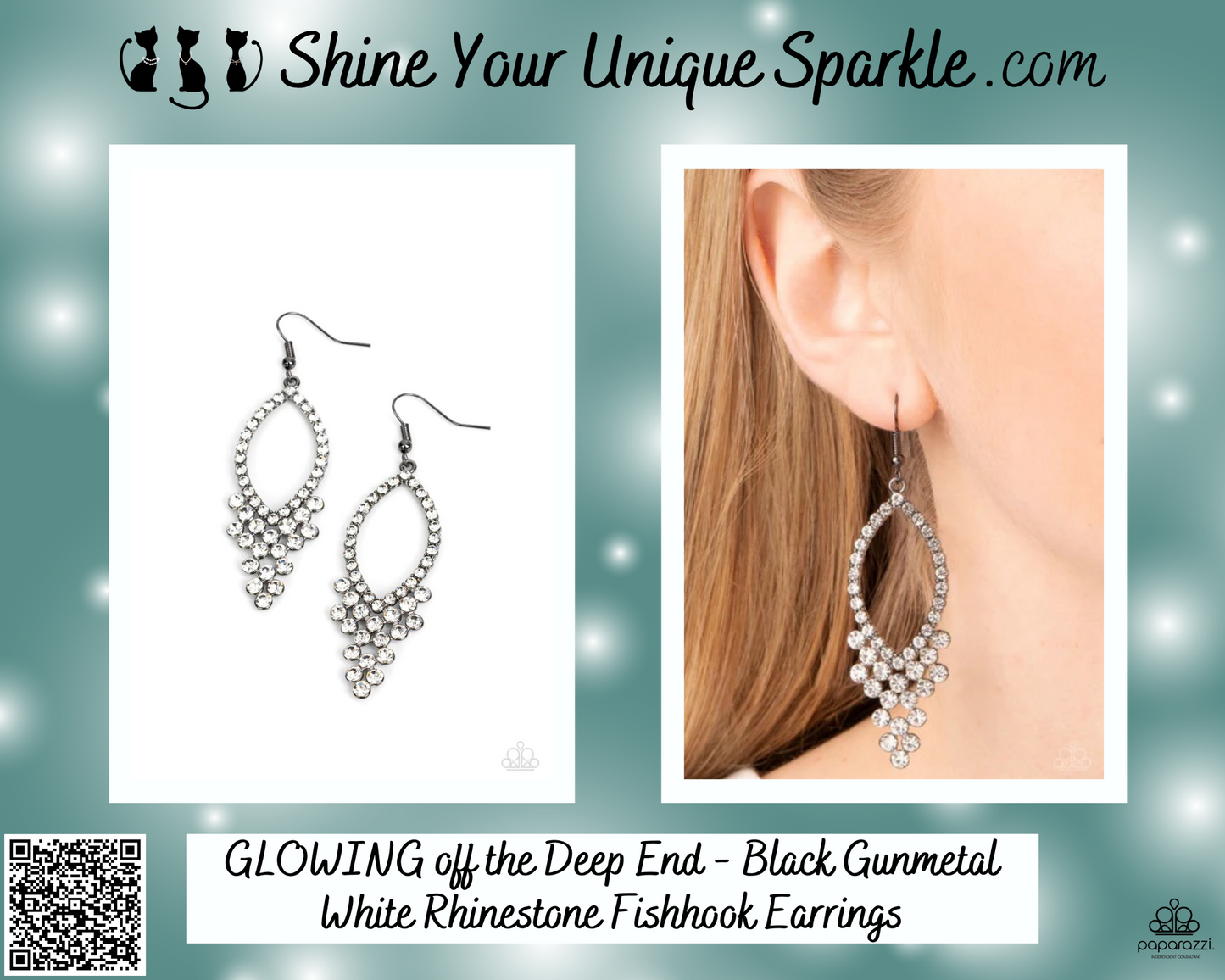 GLOWING off the Deep End - Black Gunmetal White Rhinestone Fishhook Earrings