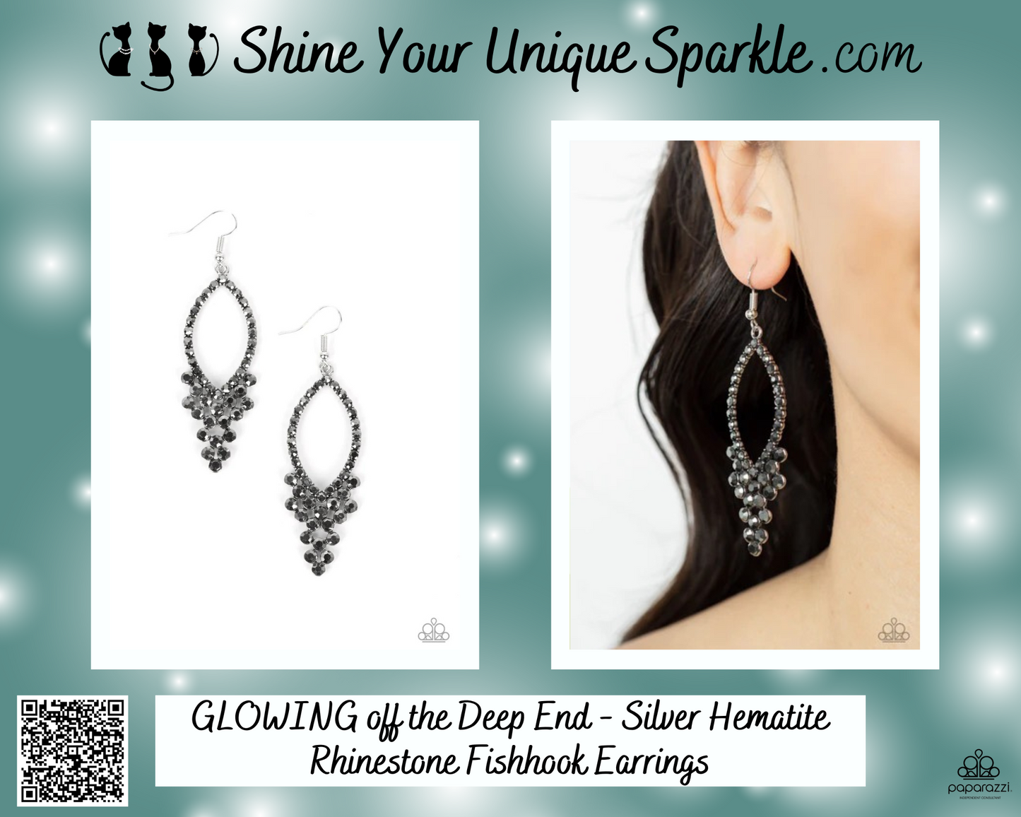 GLOWING off the Deep End - Silver Hematite Rhinestone Fishhook Earrings