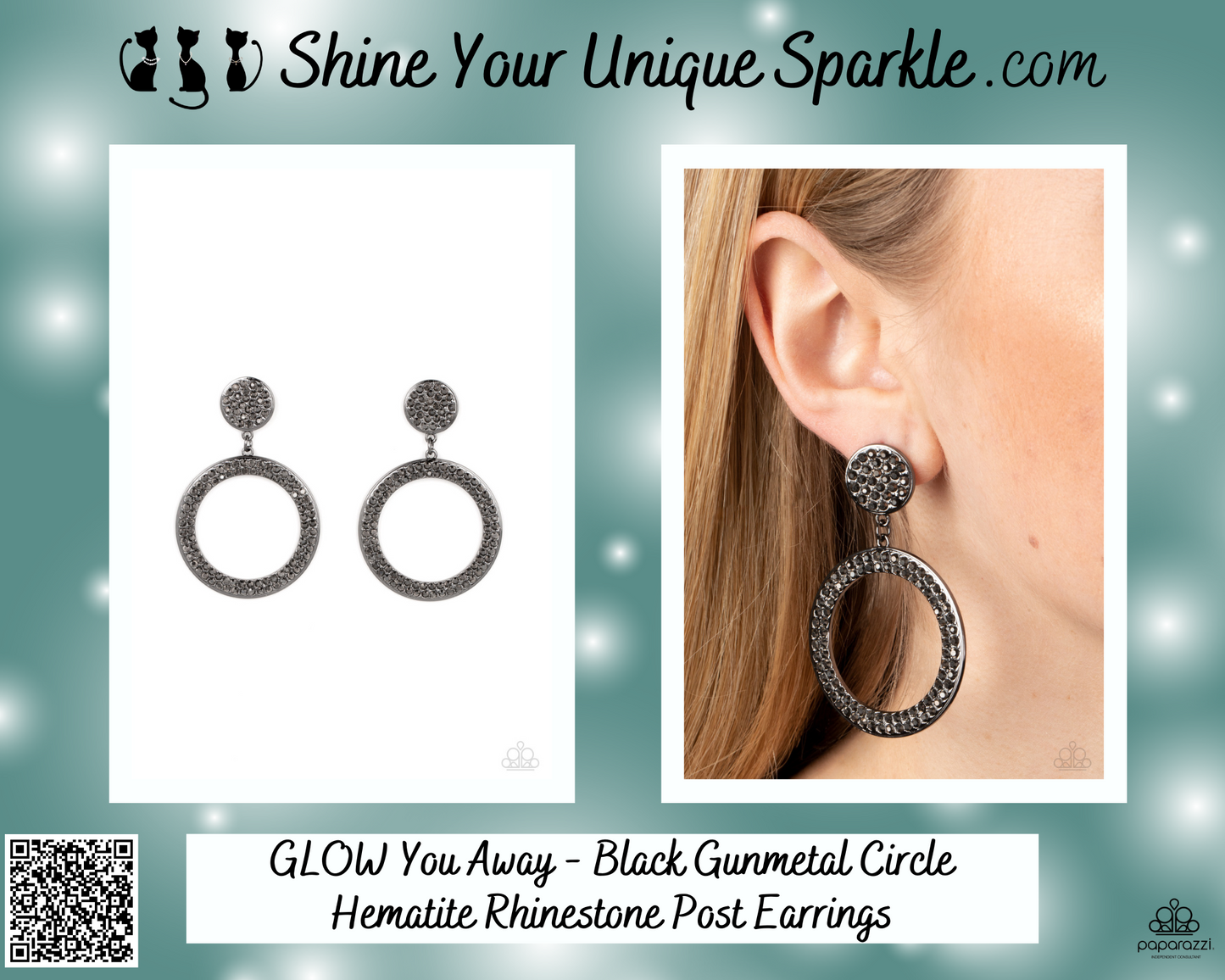 GLOW You Away - Black Gunmetal Circle Hematite Rhinestone Post Earrings