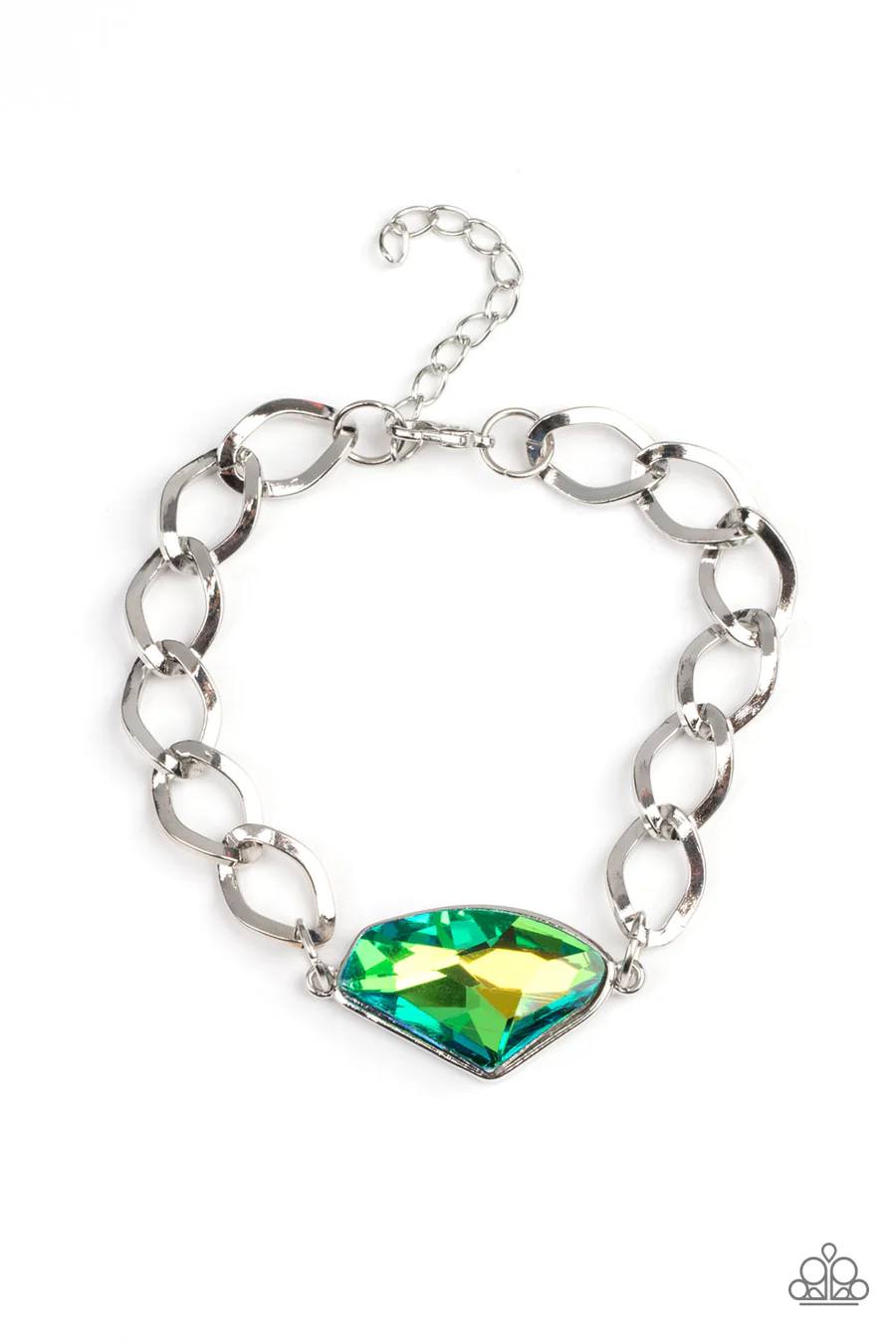 Galactic Grunge - Peacock Green UV Shimmer Gem Silver Chain Clasp Bracelet