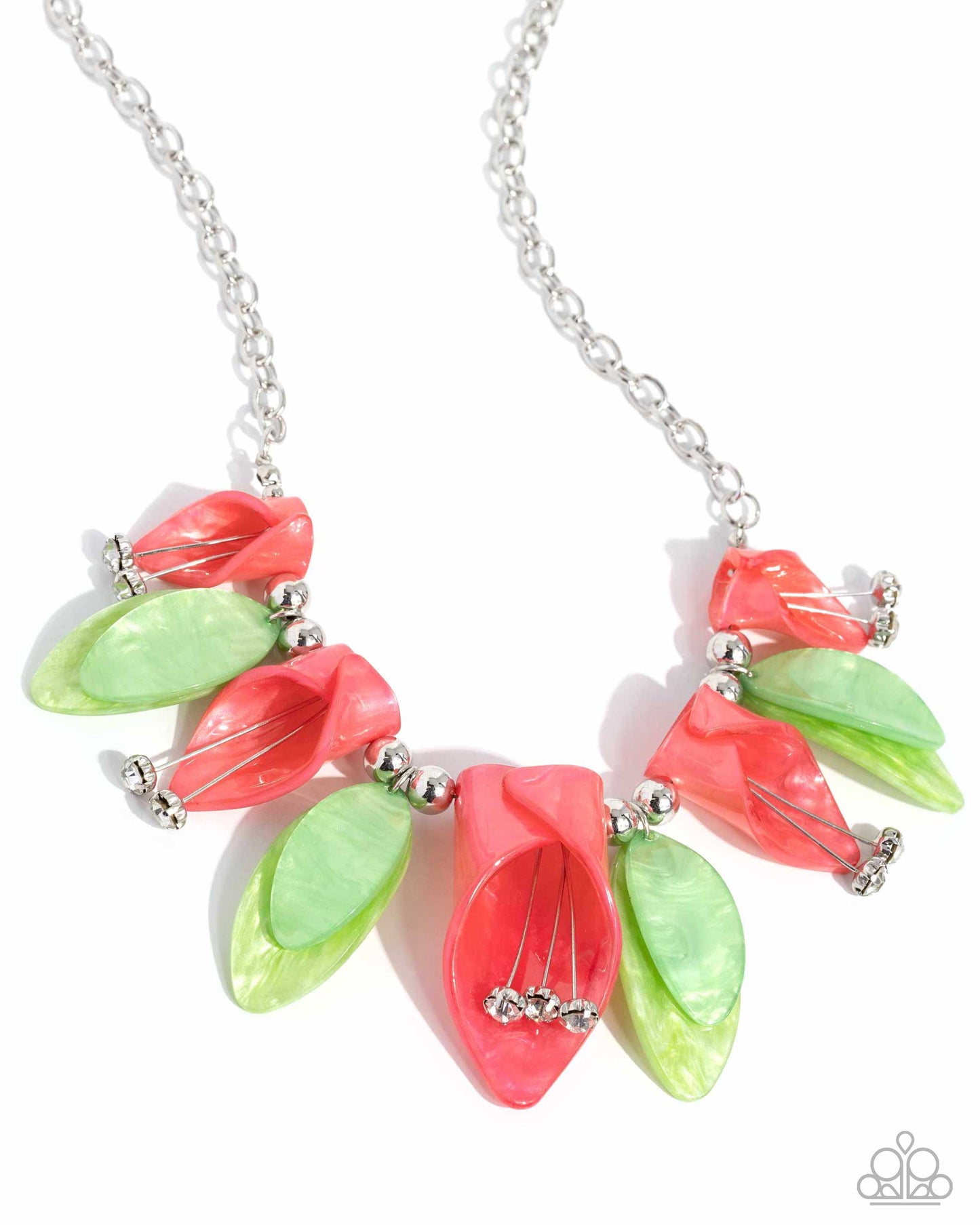 Garden Gaze - Multi Green and Coral Orange Acryulic Flower Silver Short Necklace - Life of the Party