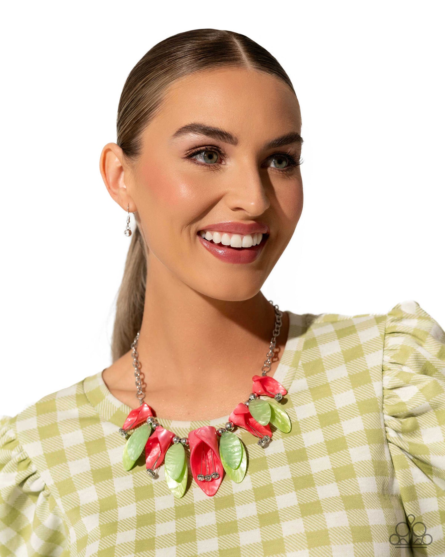 Garden Gaze - Multi Green and Coral Orange Acryulic Flower Silver Short Necklace - Life of the Party