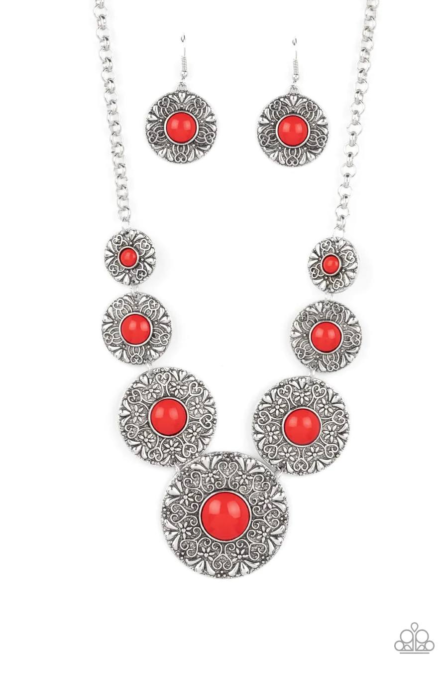 Garden Glade - Red Bead Silver Medallion Short Necklace