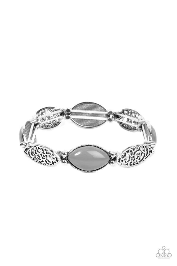 Garden Rendezvous - Silver Gray Bead Stretchy Bracelet