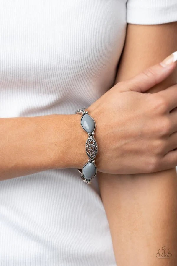 Garden Rendezvous - Silver Gray Bead Stretchy Bracelet