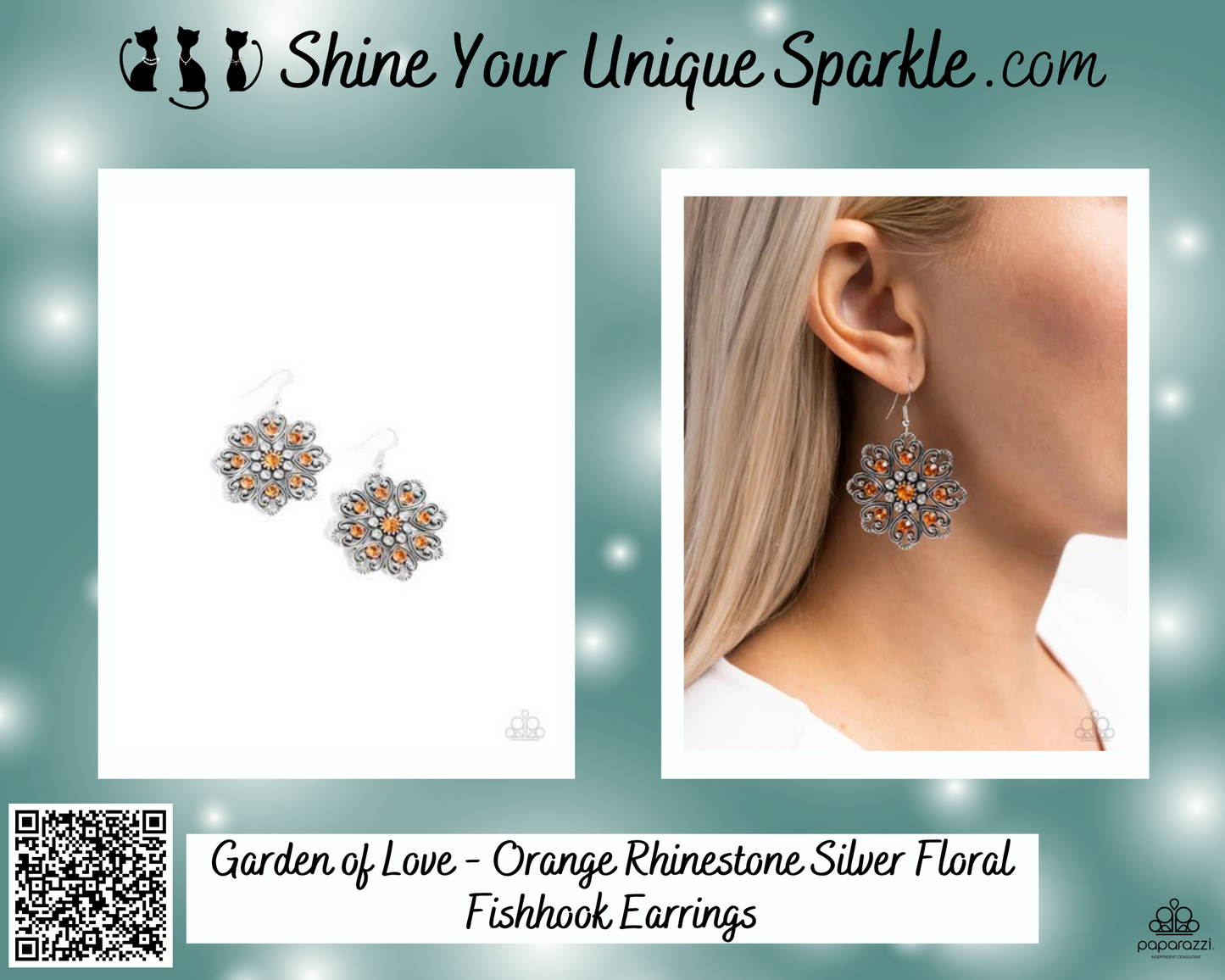 Garden of Love - Orange Rhinestone Silver Floral Fishhook Earrings