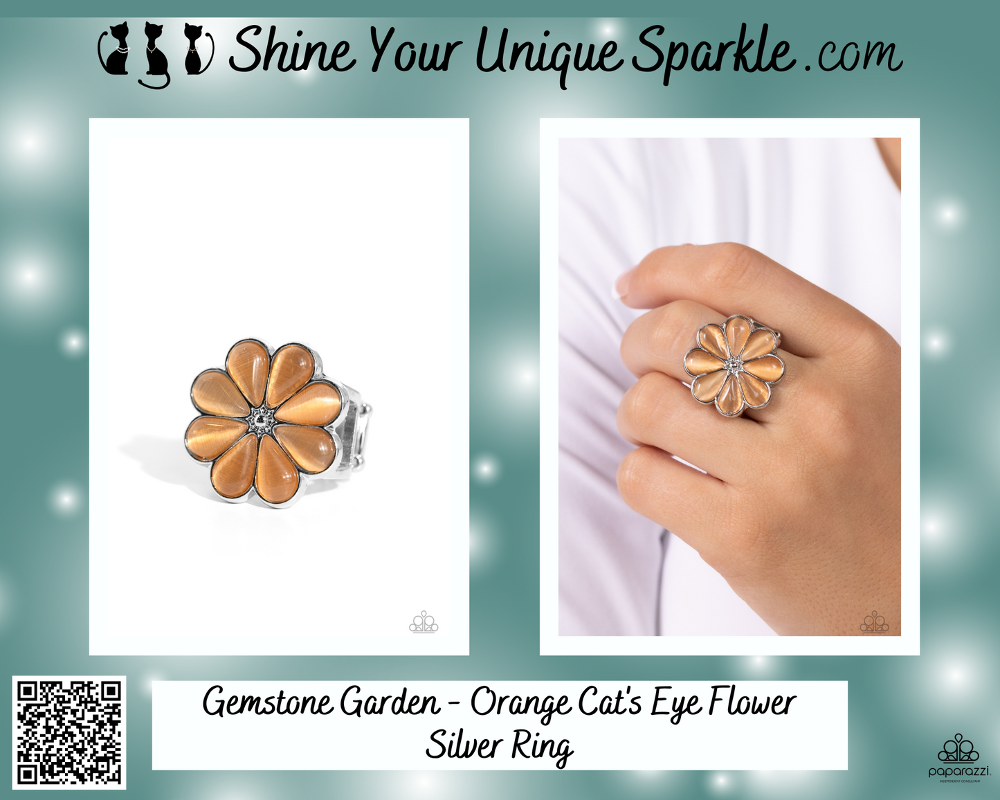 Gemstone Garden - Orange Cat's Eye Flower Silver Ring