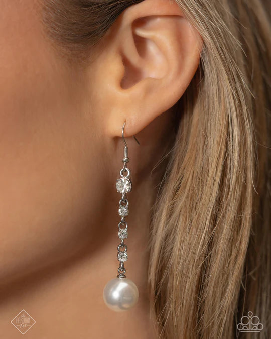 Genial Glam - White Pearl Rhinestone Silver Fishhook Earrings - Fashion Fix