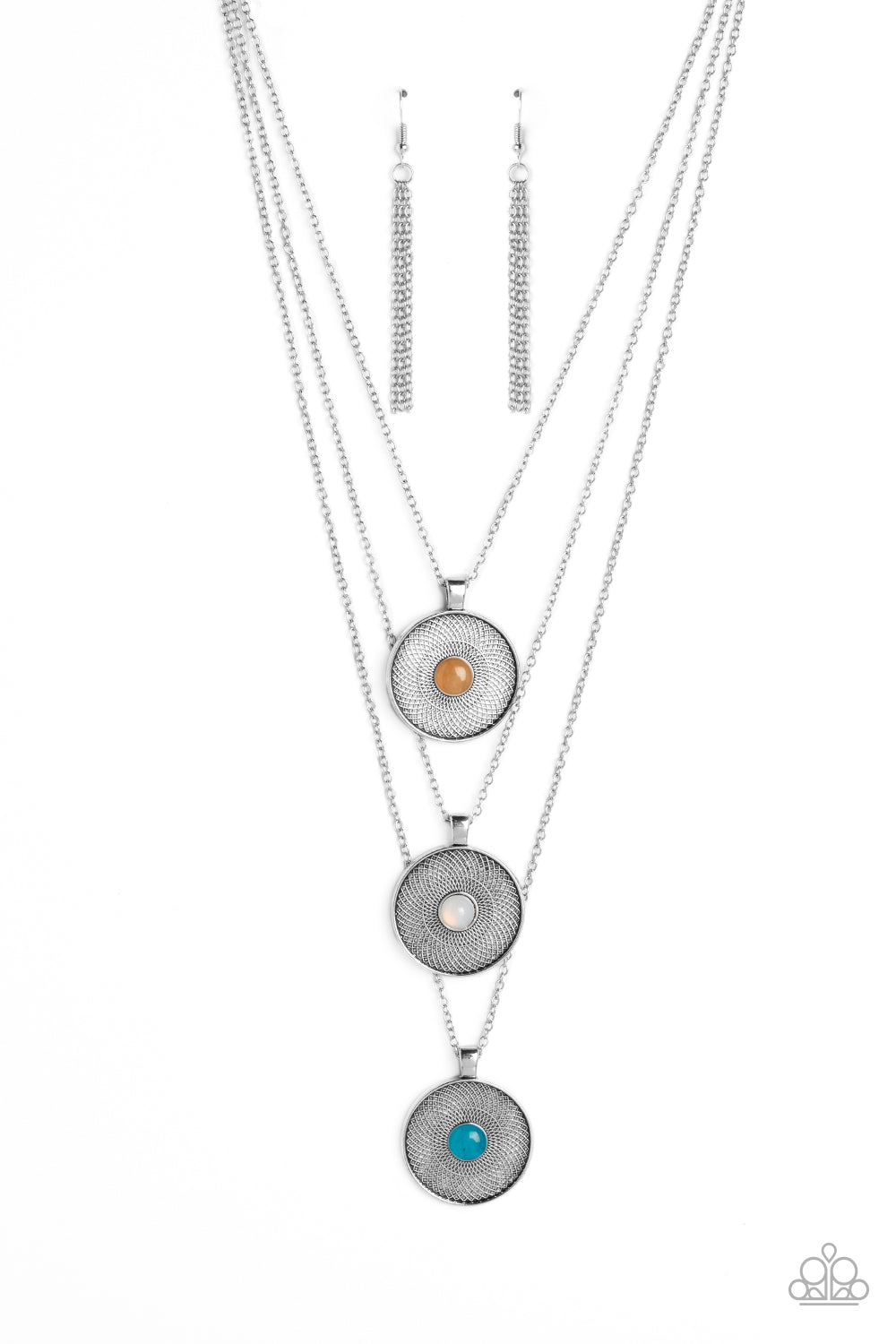 Geographic Grace - Turquoise, White and Orange Stone Medallion Silver Medium-Length Necklace