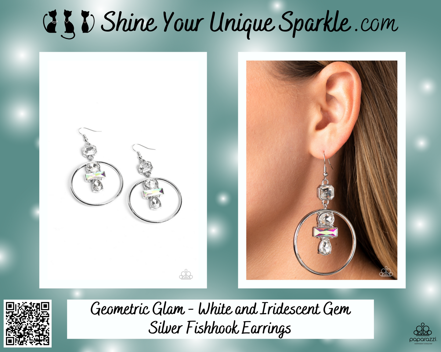 Geometric Glam - White and Iridescent Gem Silver Fishhook Earrings