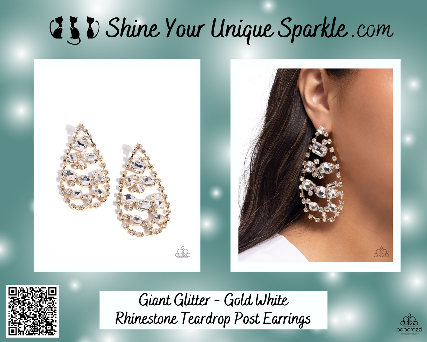 Giant Glitter - Gold White Rhinestone Teardrop Post Earrings