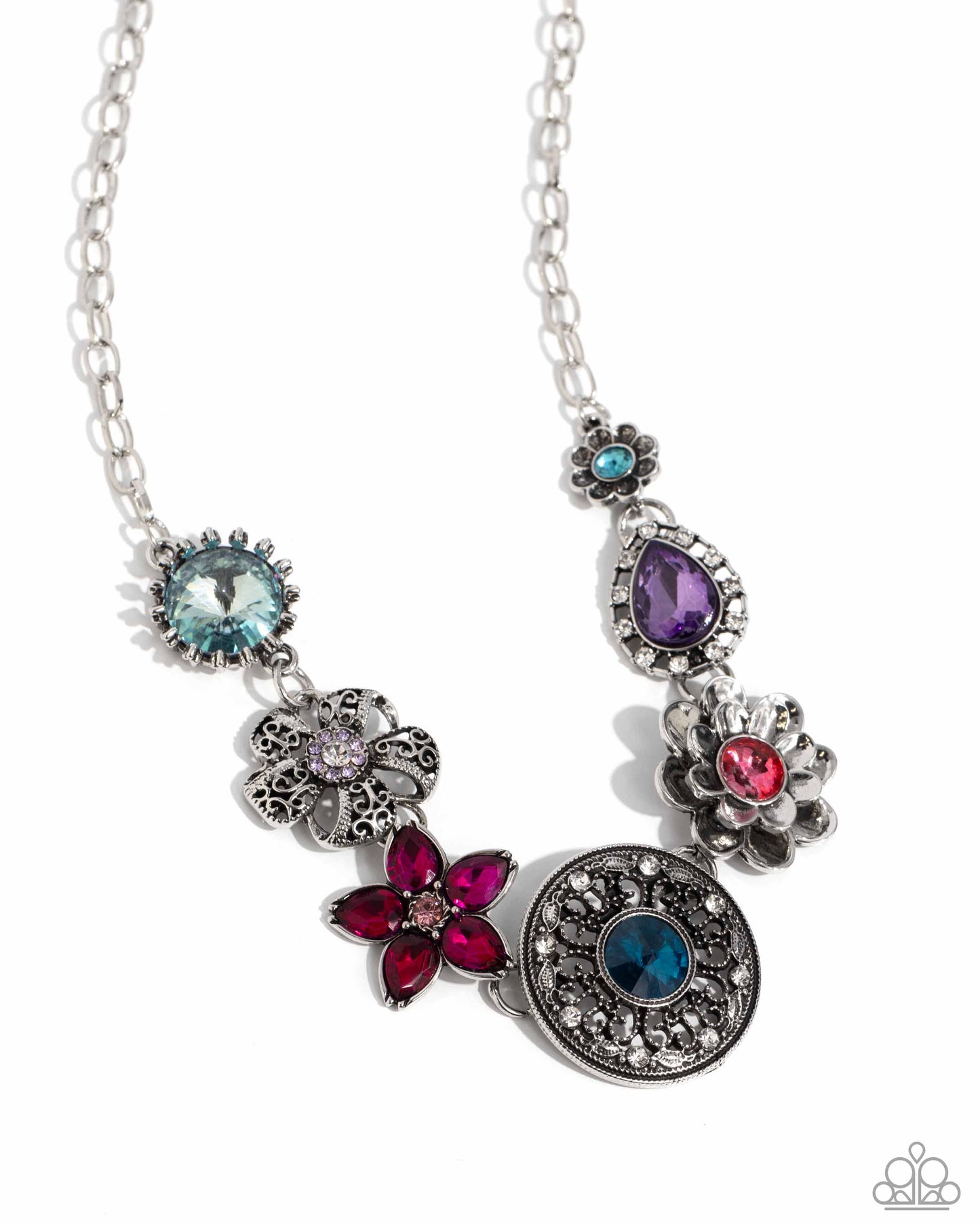 Giddy Garden - Multi Color Gem Silver Flower Short Necklace - Life of the Party Exclusive