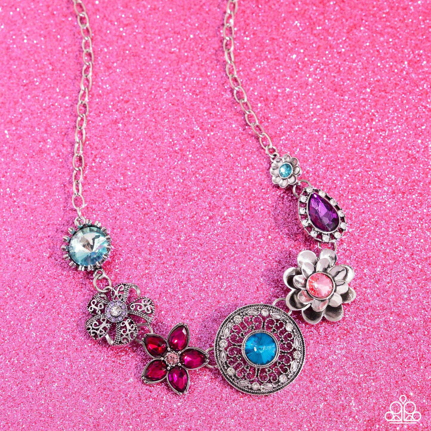 Giddy Garden - Multi Color Gem Silver Flower Short Necklace - Life of the Party Exclusive