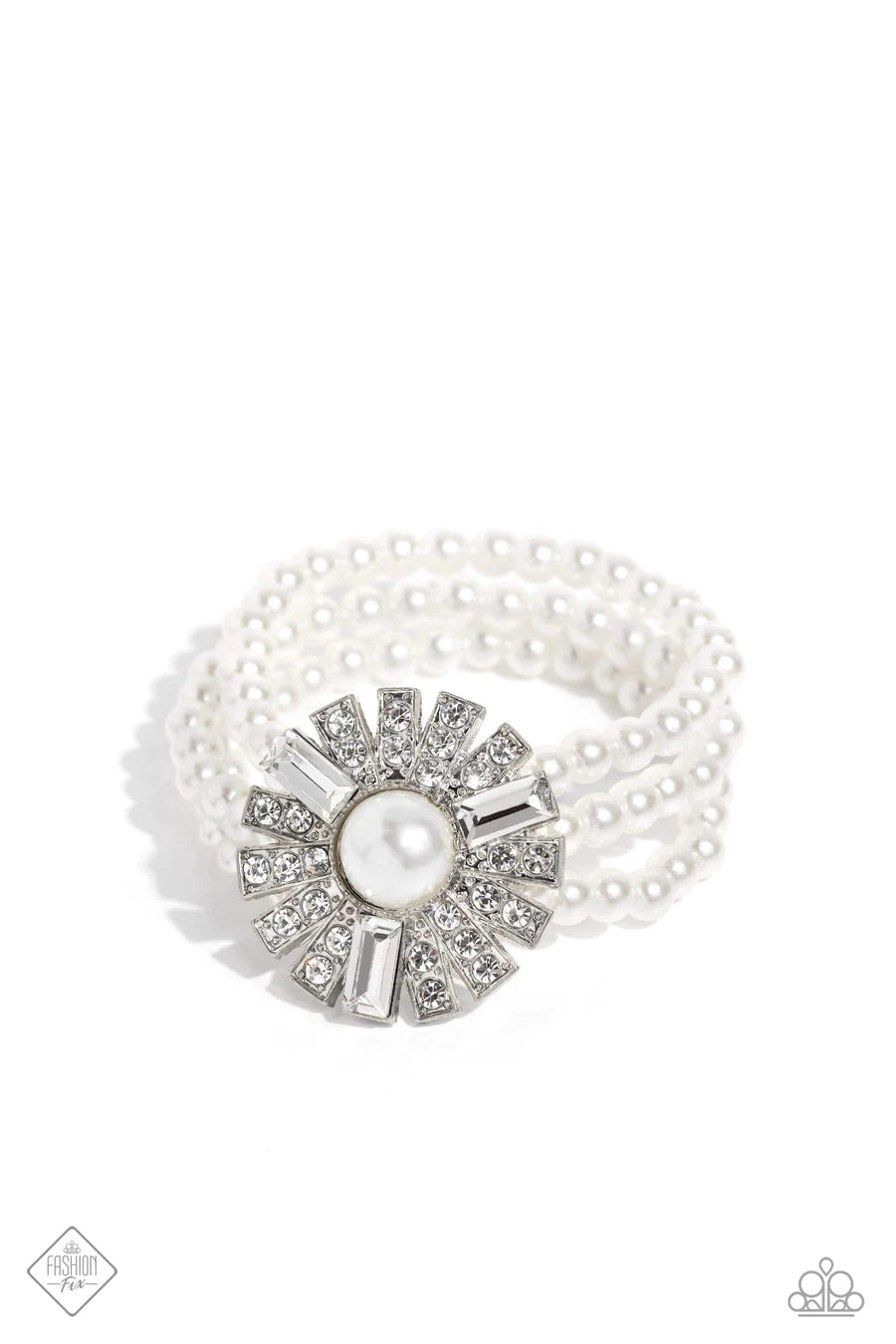 Gifted Gatsby - White Pearl Silver Flare Stretchy Bracelet - Fashion Fix