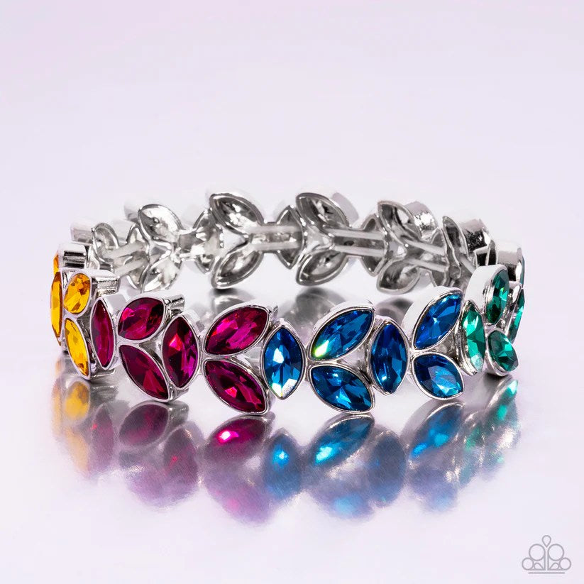 Gilded Gardens - Multi Marquise Rhinestone Gems Silver Stretchy Bracelet - Life of the Party Pink Diamond Exclusive