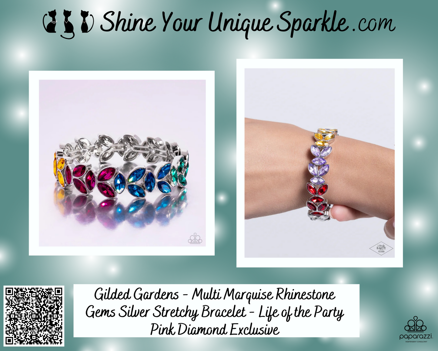 Gilded Gardens - Multi Marquise Rhinestone Gems Silver Stretchy Bracelet - Life of the Party Pink Diamond Exclusive