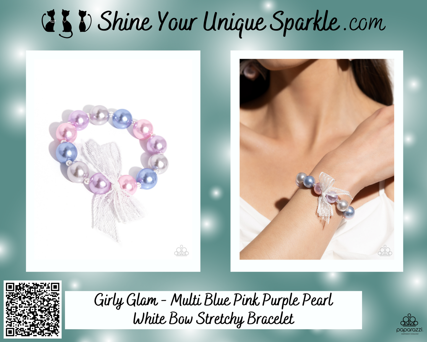 Girly Glam - Multi Blue Pink Purple Pearl White Bow Stretchy Bracelet