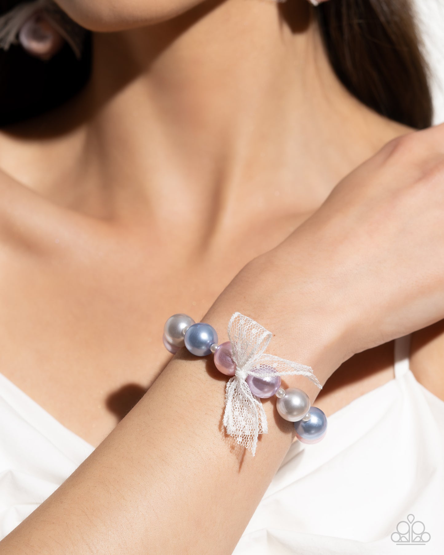 Girly Glam - Multi Blue Pink Purple Pearl White Bow Stretchy Bracelet