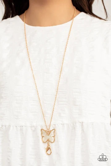 Gives Me Butterflies - Gold Clear Acrylic Butterfly White Flecks Lanyard Necklace