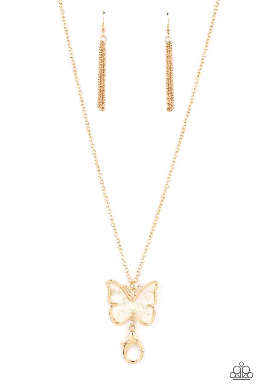 Gives Me Butterflies - Gold Clear Acrylic Butterfly White Flecks Lanyard Necklace