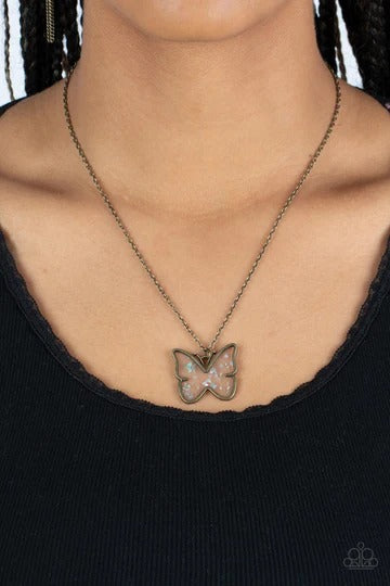 Gives Me Butterflies - Brass Clear Acrylic Butterfly White Flecks Short Necklace