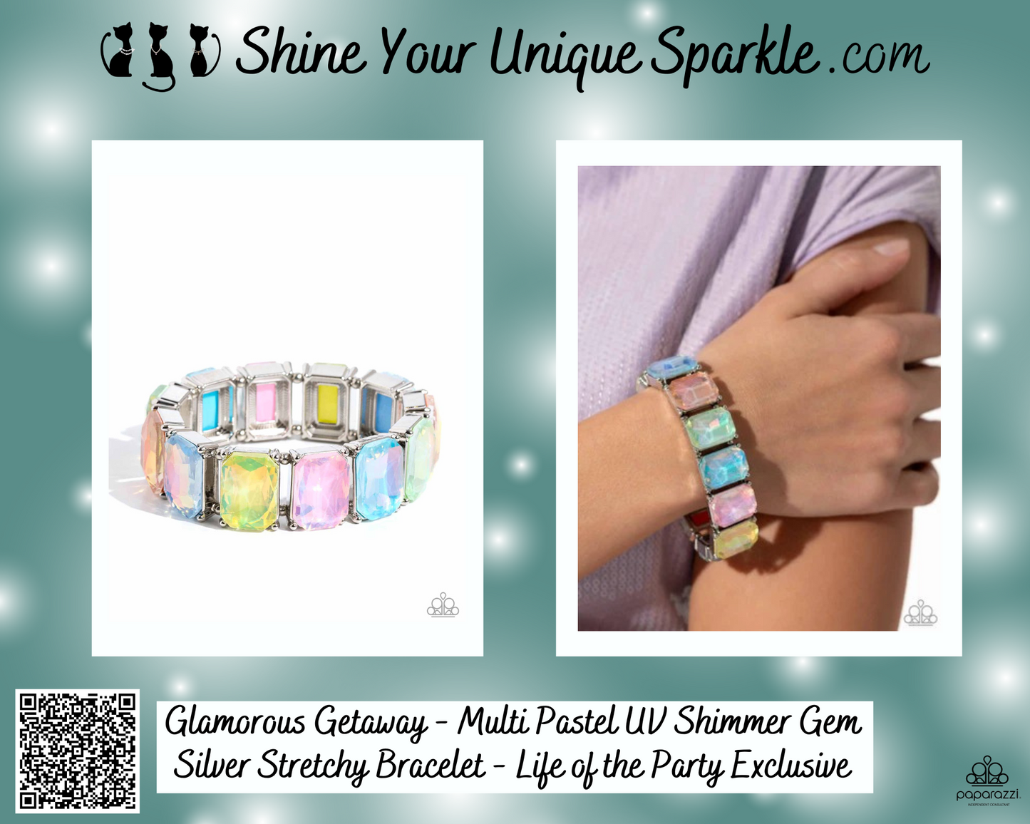 Glamorous Getaway - Multi Pastel UV Shimmer Gem Silver Stretchy Bracelet - Life of the Party Exclusive