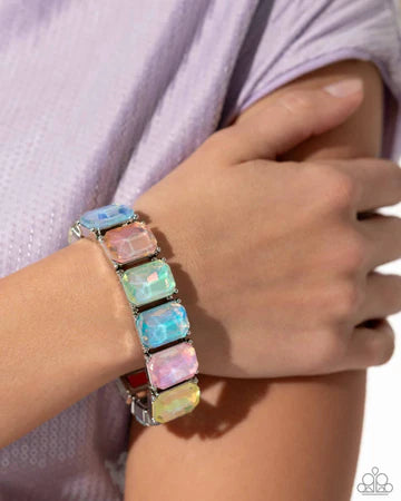 Glamorous Getaway - Multi Pastel UV Shimmer Gem Silver Stretchy Bracelet - Life of the Party Exclusive