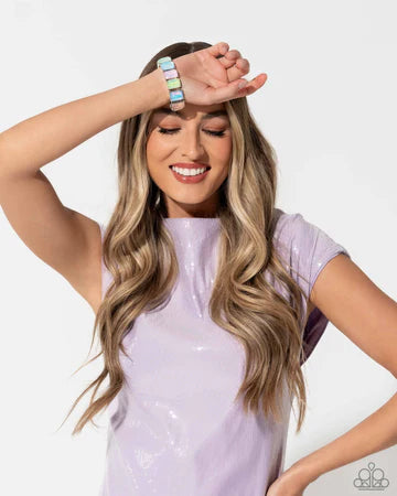 Glamorous Getaway - Multi Pastel UV Shimmer Gem Silver Stretchy Bracelet - Life of the Party Exclusive