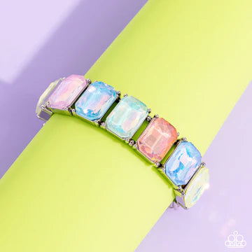 Glamorous Getaway - Multi Pastel UV Shimmer Gem Silver Stretchy Bracelet - Life of the Party Exclusive