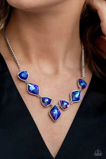 Glittering Geometrics - Purple UV Shimmer Gem Short Silver Necklace - Life of the Party