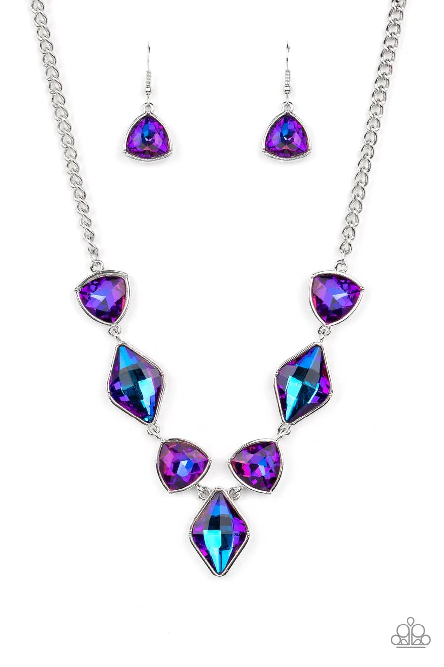 Glittering Geometrics - Purple UV Shimmer Gem Short Silver Necklace - Life of the Party