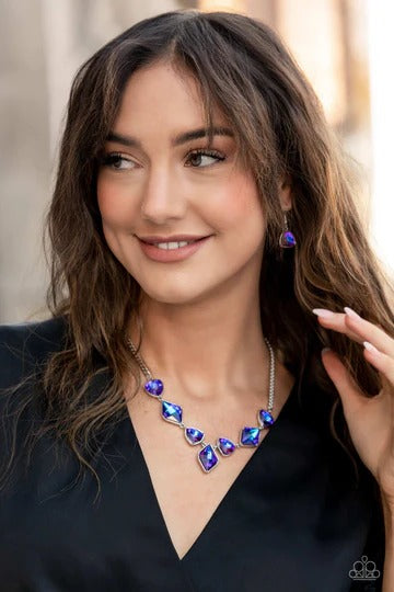 Glittering Geometrics - Purple UV Shimmer Gem Short Silver Necklace - Life of the Party