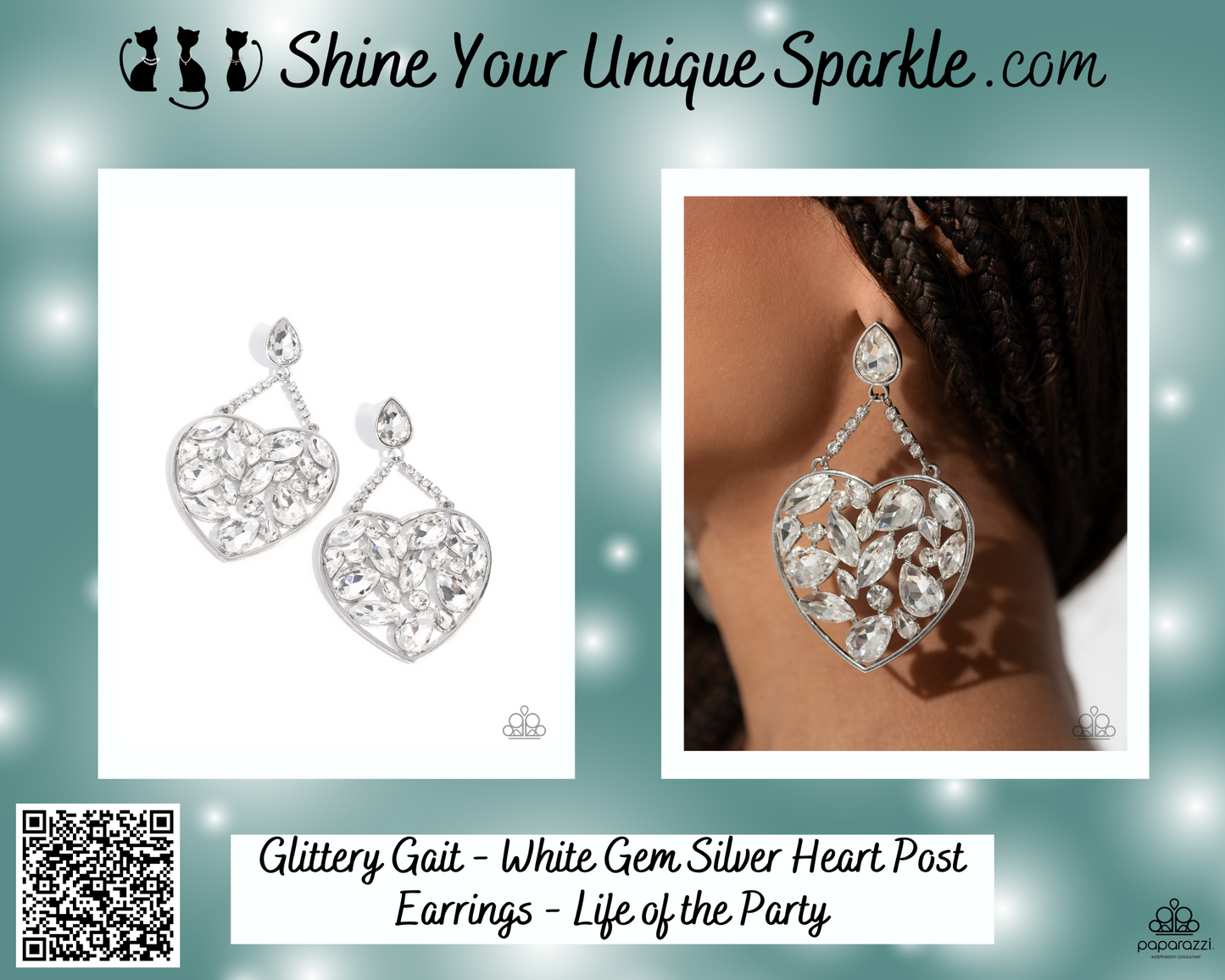 Glittery Gait - White Gem Silver Heart Post Earrings - Life of the Party