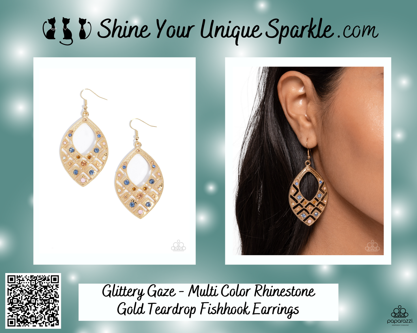 Glittery Gaze - Multi Color Rhinestone Gold Teardrop Fishhook Earrings