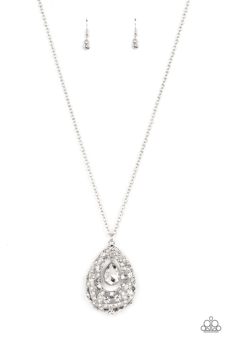 Glitz and GLOW - White Gem Silver Teardrop Long Necklace
