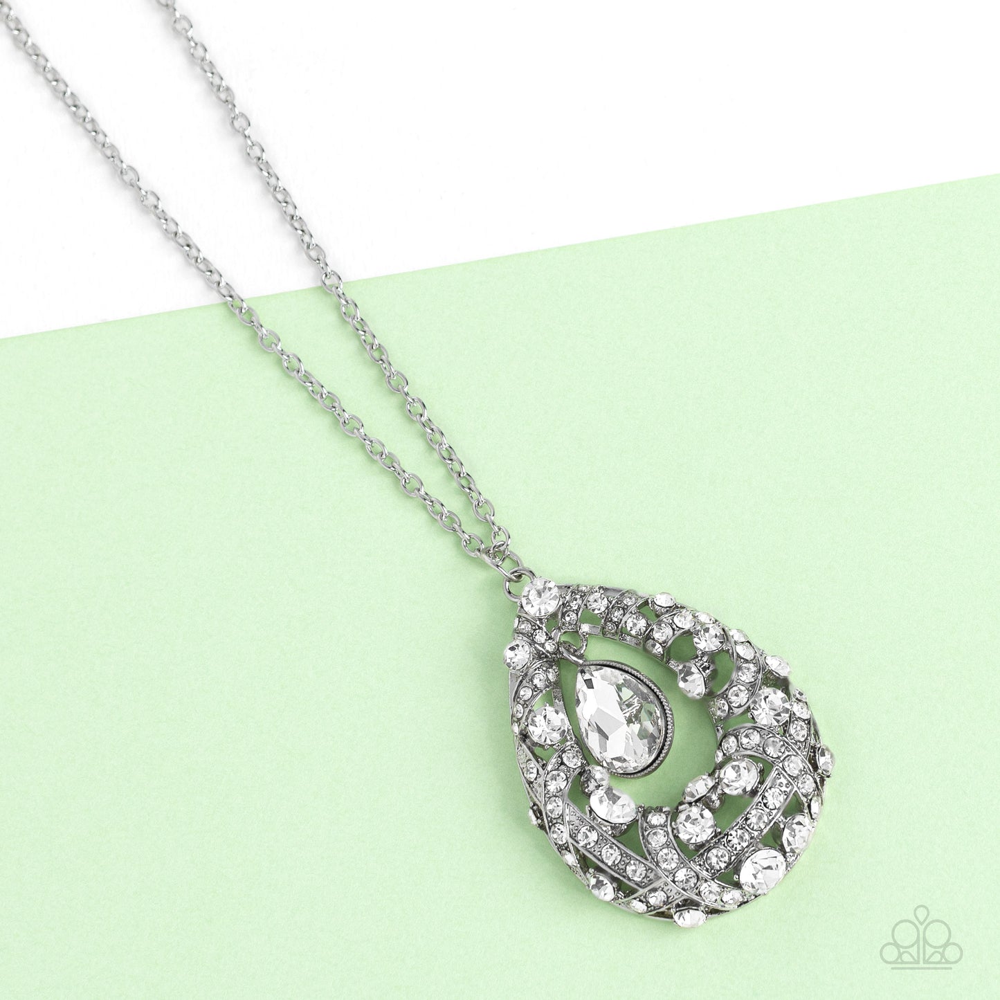 Glitz and GLOW - White Gem Silver Teardrop Long Necklace