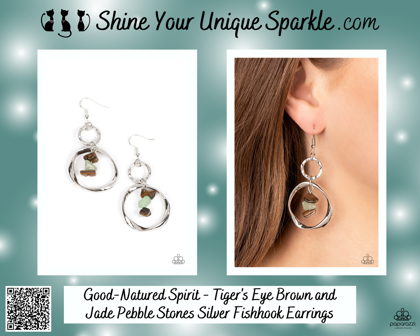 Good-Natured Spirit - Tiger's Eye Brown and Jade Pebble Stones Silver Fishhook Earrings