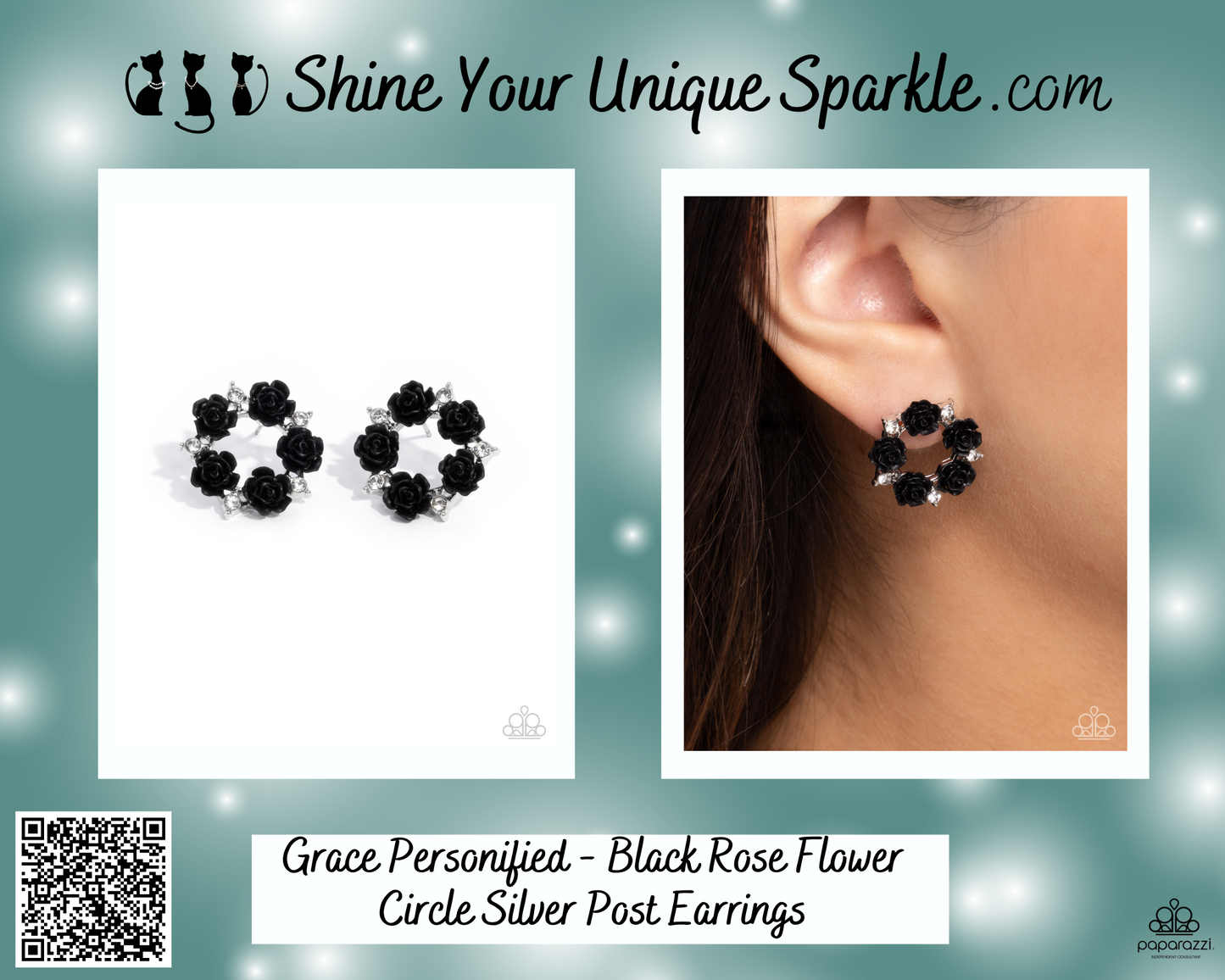 Grace Personified - Black Rose Flower Circle Silver Post Earrings