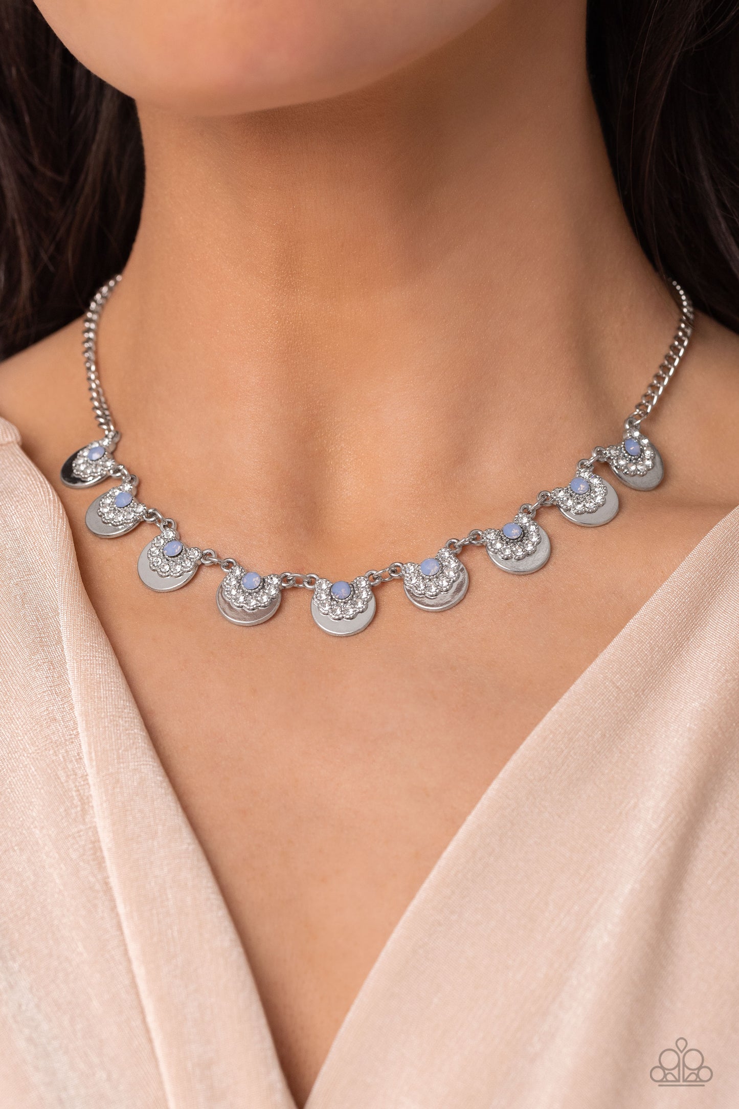 PERFECT MATCH / SET: Grandiose Grace - Blue Opalescent Bead Silver Short Necklace AND Dreamy Discs - Blue Bead Silver Disc Clasp Bracelet