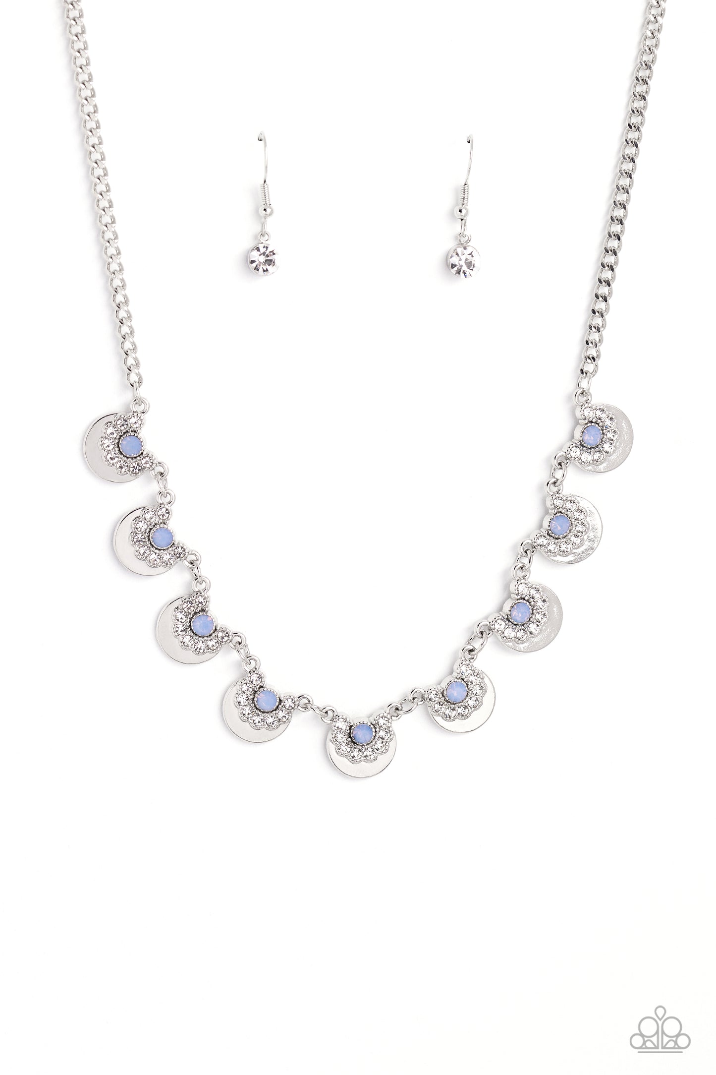 PERFECT MATCH / SET: Grandiose Grace - Blue Opalescent Bead Silver Short Necklace AND Dreamy Discs - Blue Bead Silver Disc Clasp Bracelet